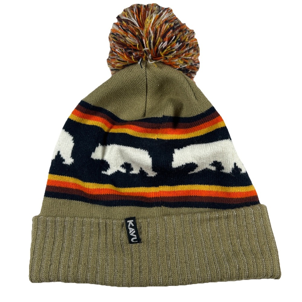 KAVU Herschel Polar Bear Knit Beanie Pom Hat Cap Winter Tan Striped OSFM
